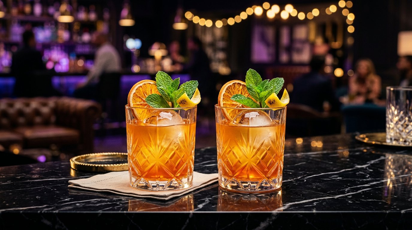 2x1 Cocktail Tuesday at Eterna - two signature craft cocktails on the black marble bar
