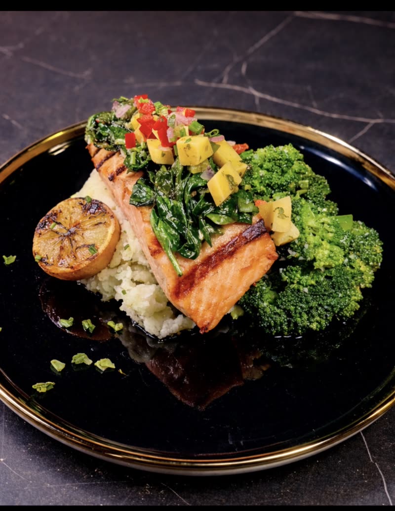 Chef's salmon with signature house sauce at Eterna Restaurant